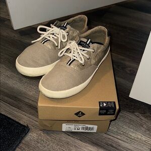 Sperry Khaki Canvas Shoes with White Soles